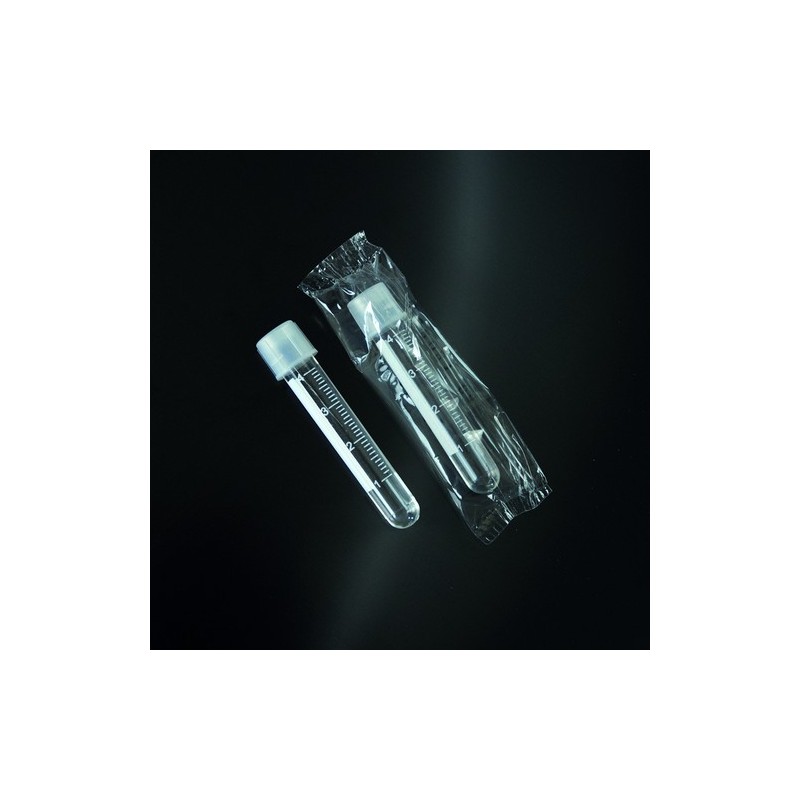 test tubes with screw cap double closure-sterile, in PS 12x75 graduated 5 ml packaging single